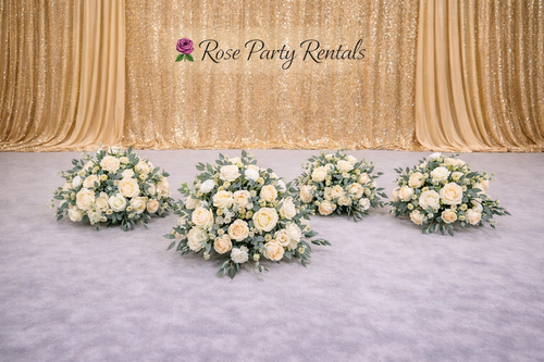 Ivory rose arrangements on gold sequin